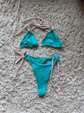 Women's Knight Swim Triangle Bikini Set in Teal with Pink Ties